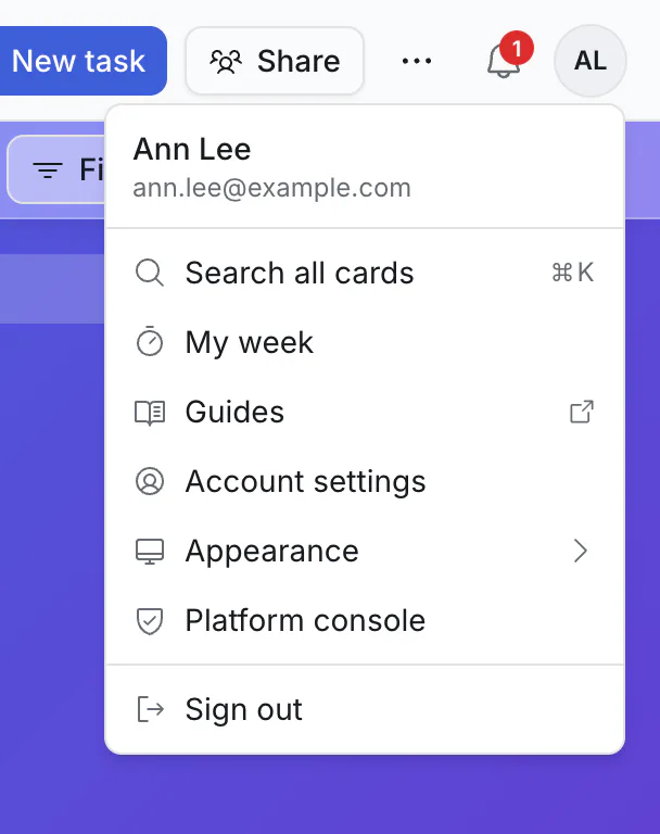 The account menu
