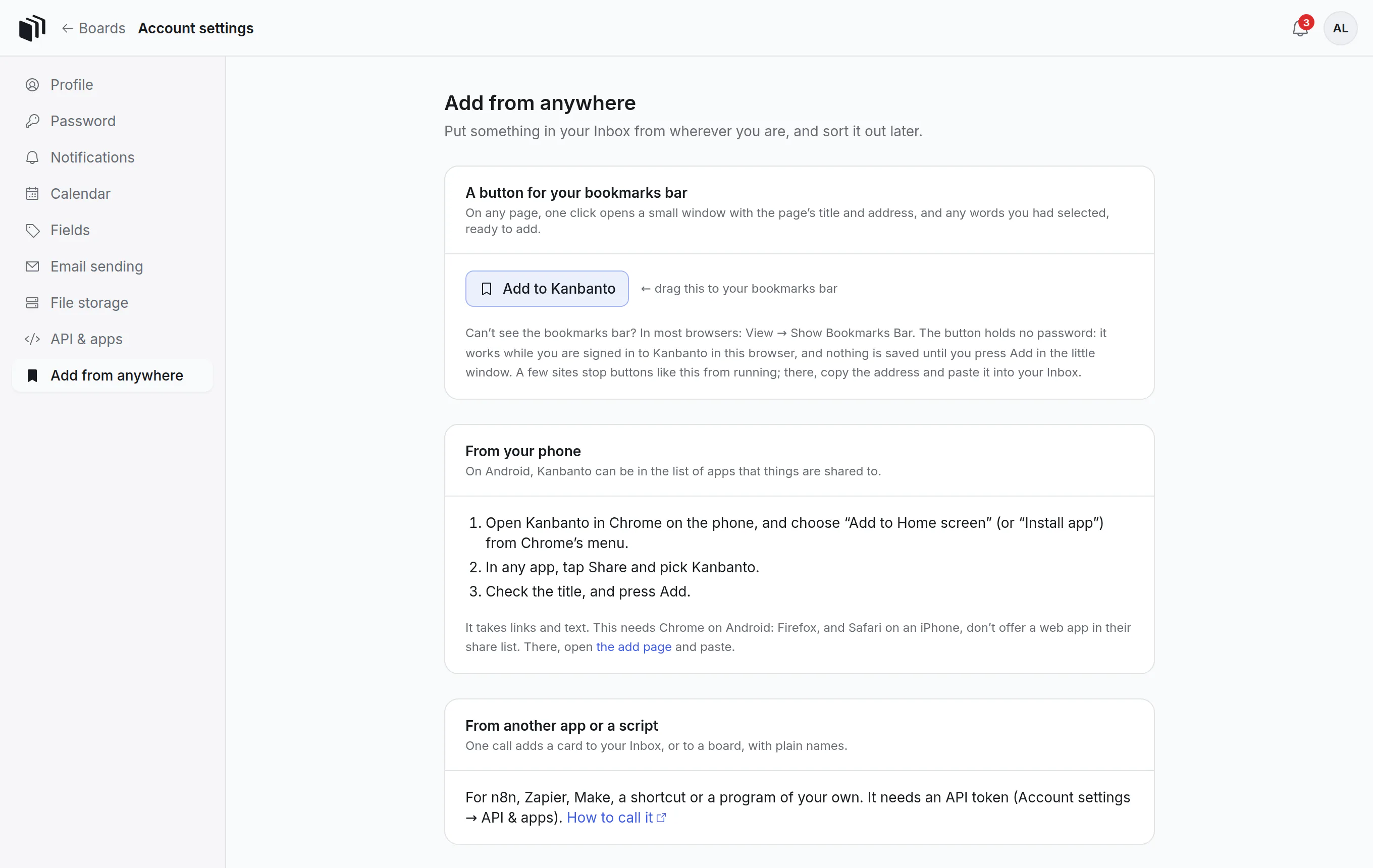 Account settings: Add from anywhere