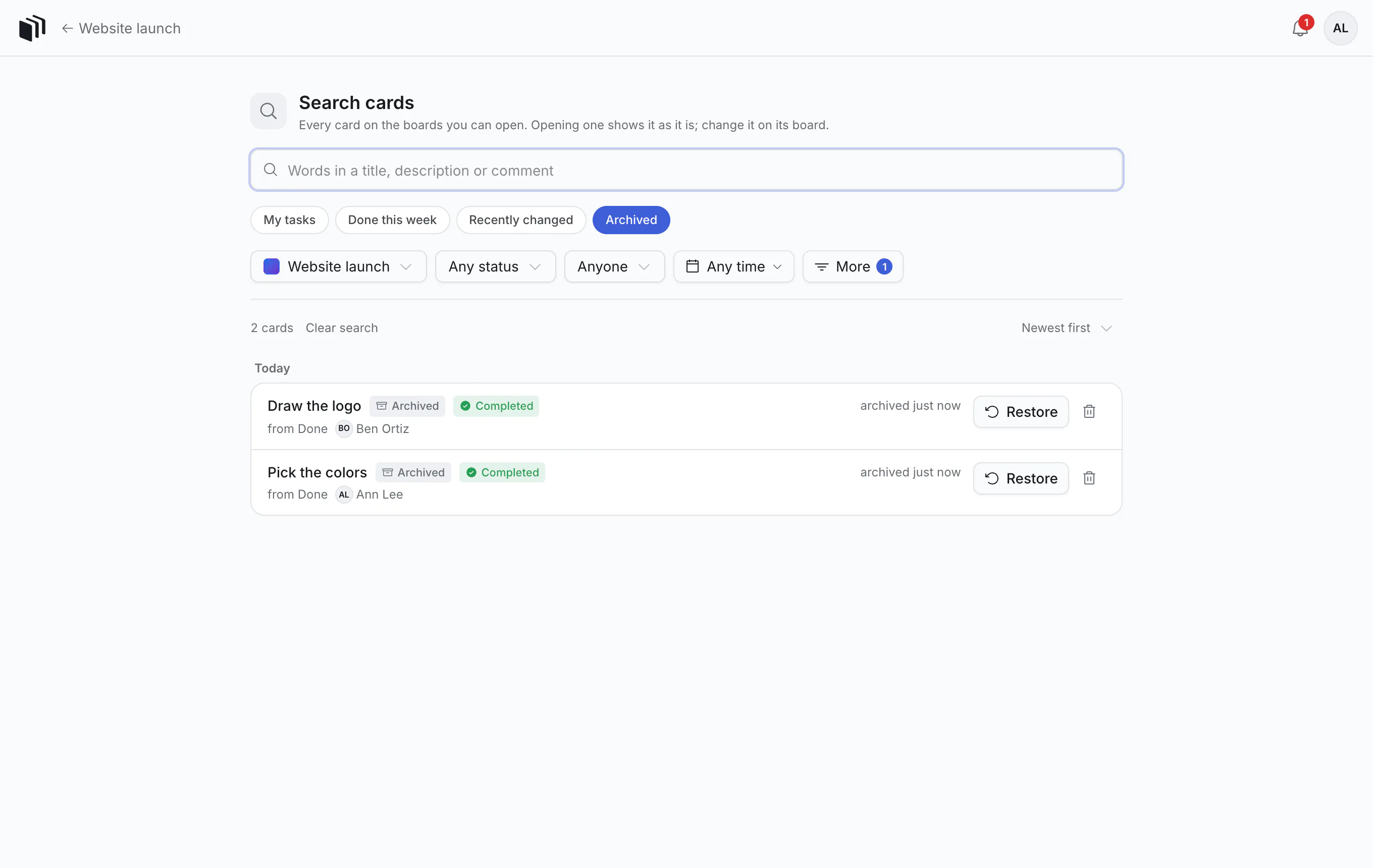 The Search cards page, showing archived cards