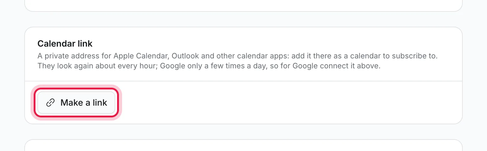 The Calendar link card, with Make a link ringed