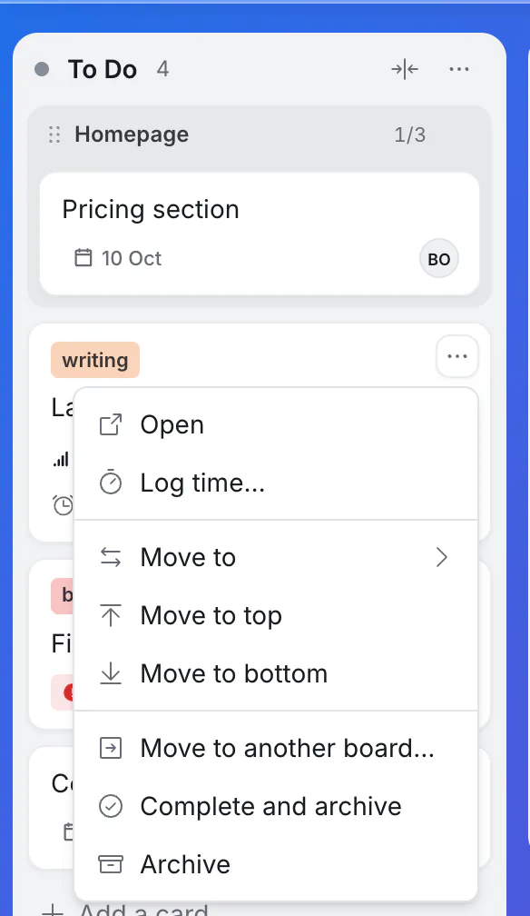 A card's menu