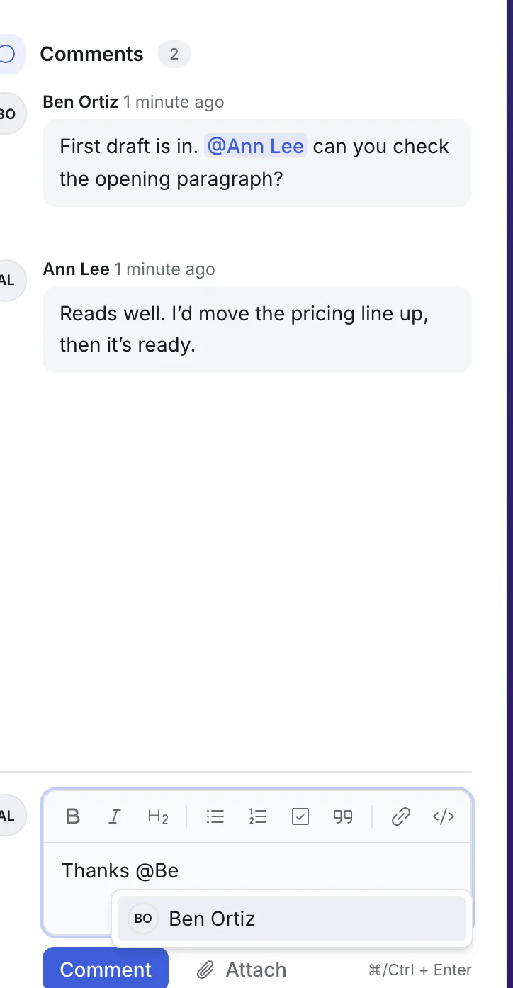 Typing @ in a comment, with people to pick from