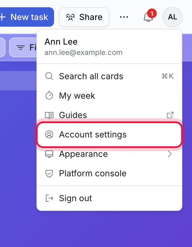 The account menu, with Account settings ringed