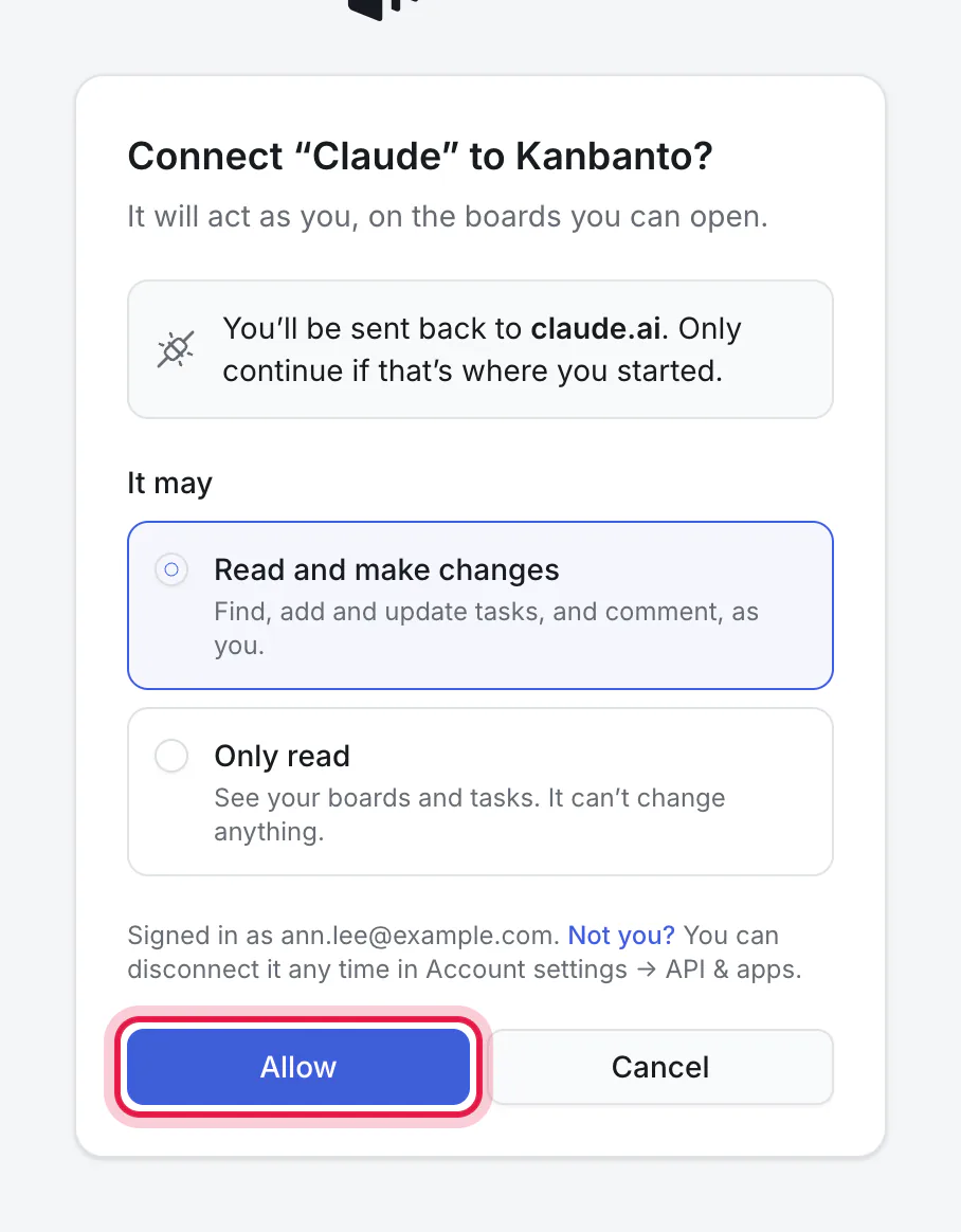 Kanbanto asking whether to connect Claude, with Allow ringed