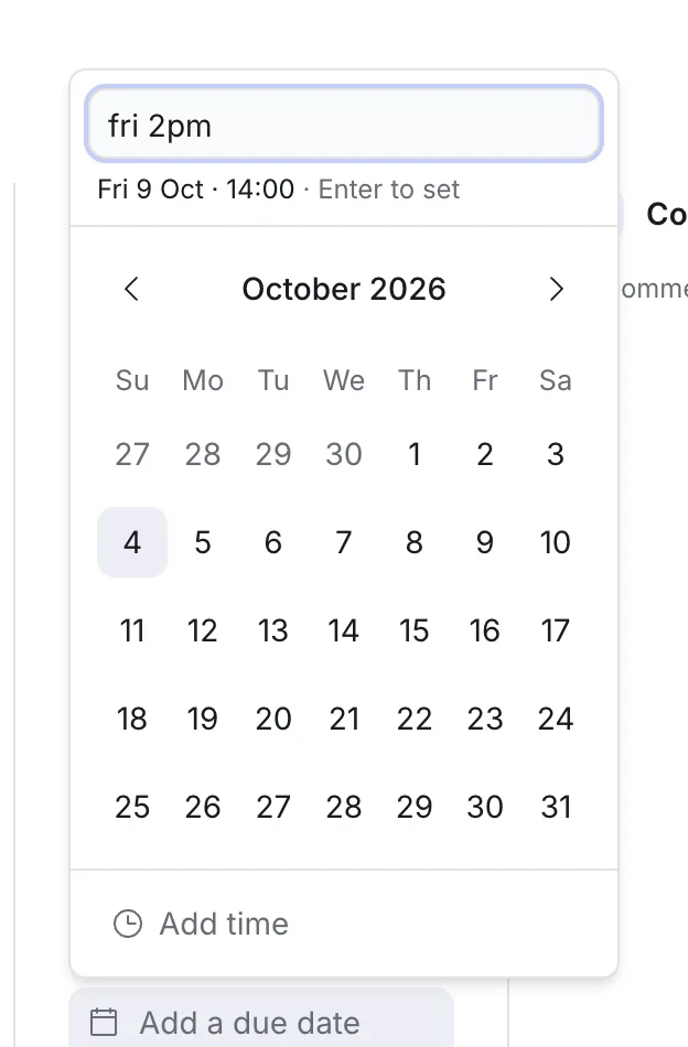 Typing "fri 2pm": Kanbanto shows Fri 9 Oct, 14:00