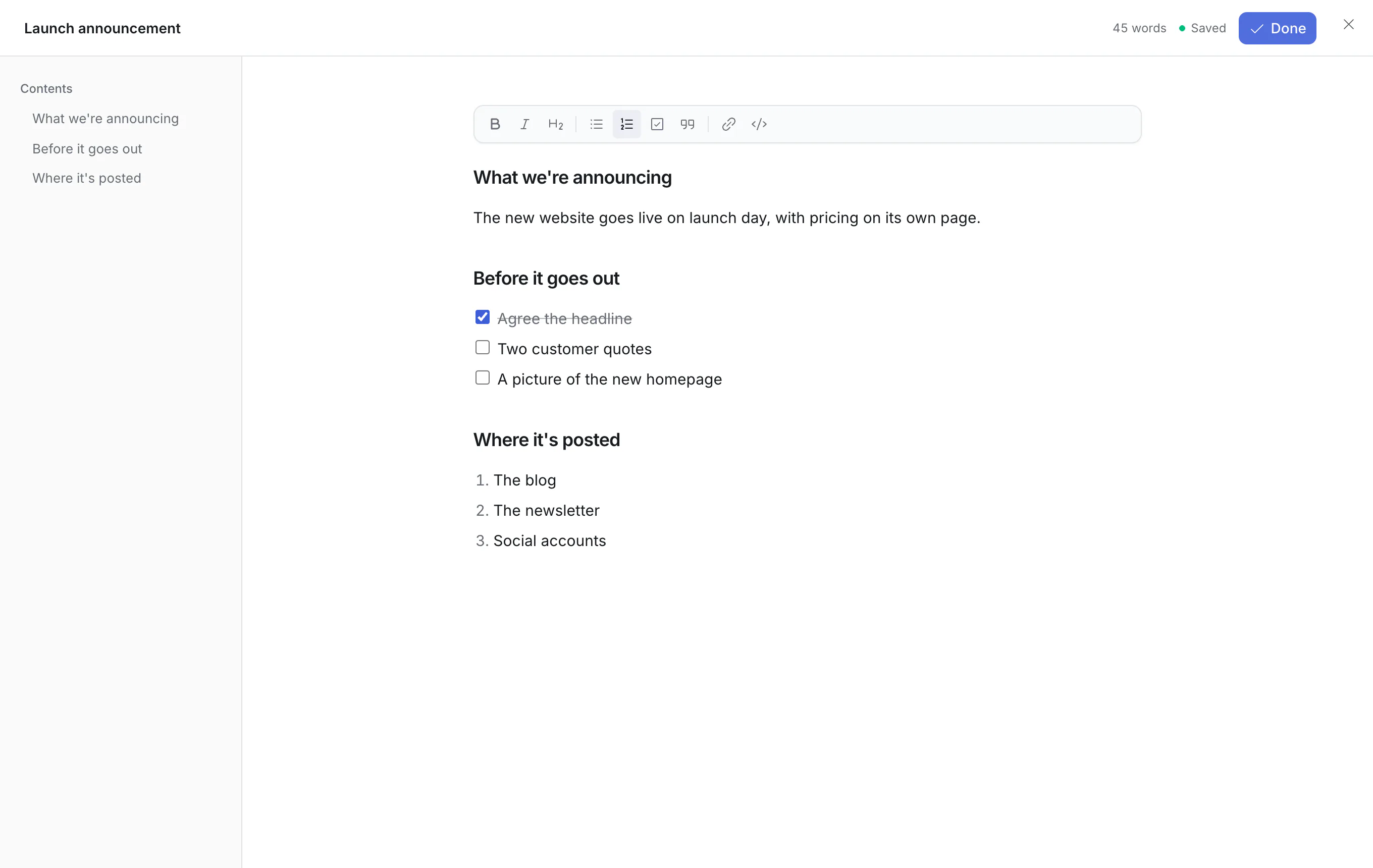A description being written full page, with its contents on the left