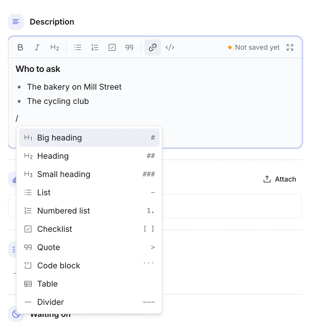 Writing a description, with the menu that "/" opens
