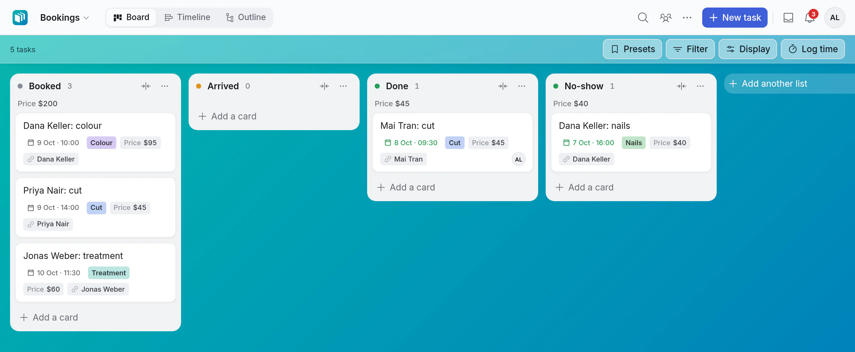 A bookings board, with each booking's time, service, price and client