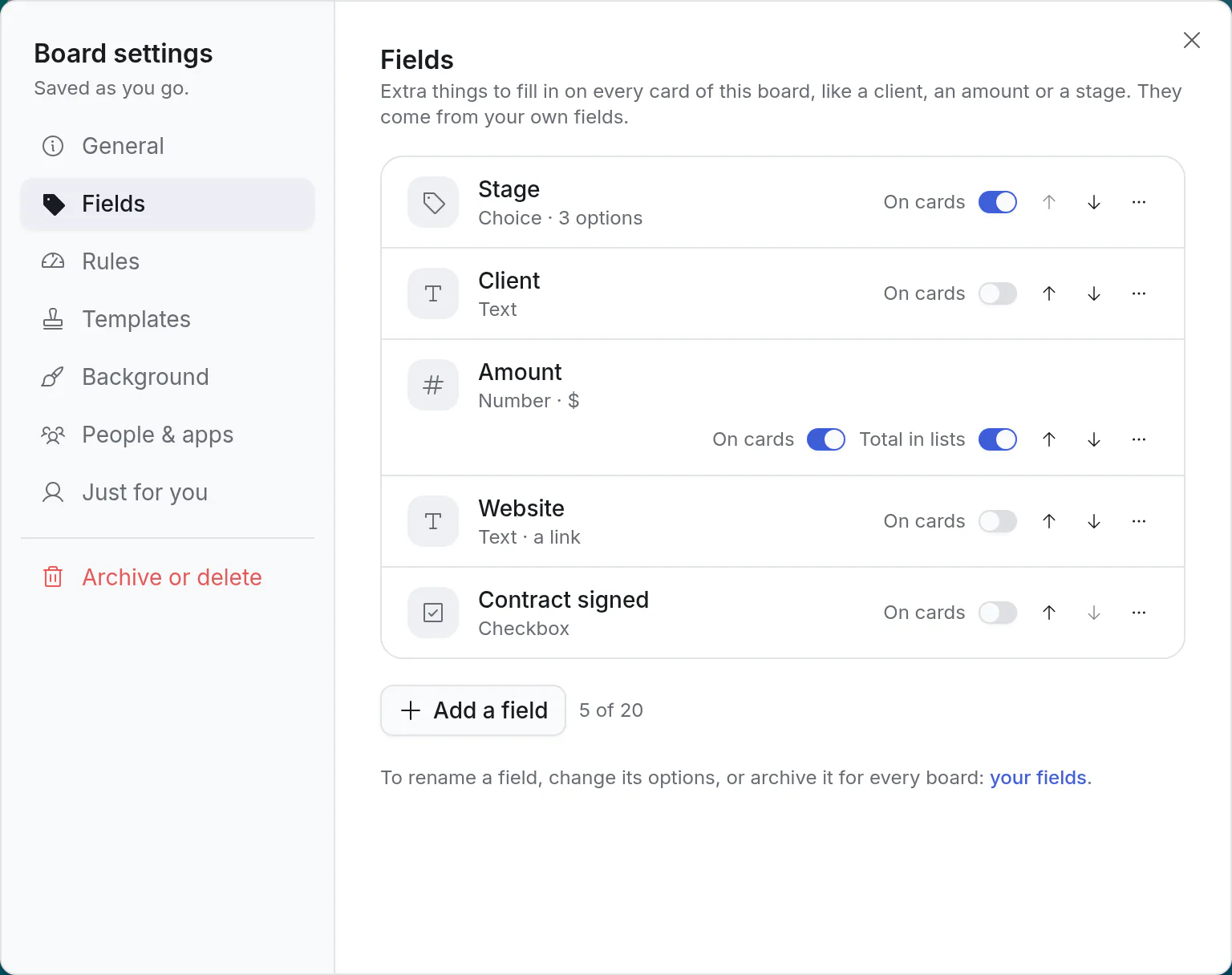 A board's fields in Board settings