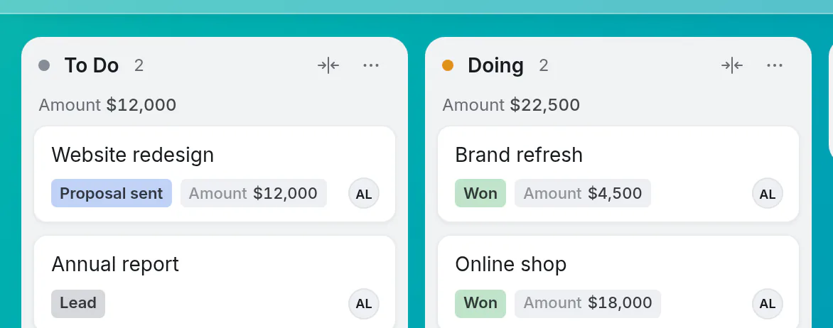 Cards showing a stage and an amount, and each list's total