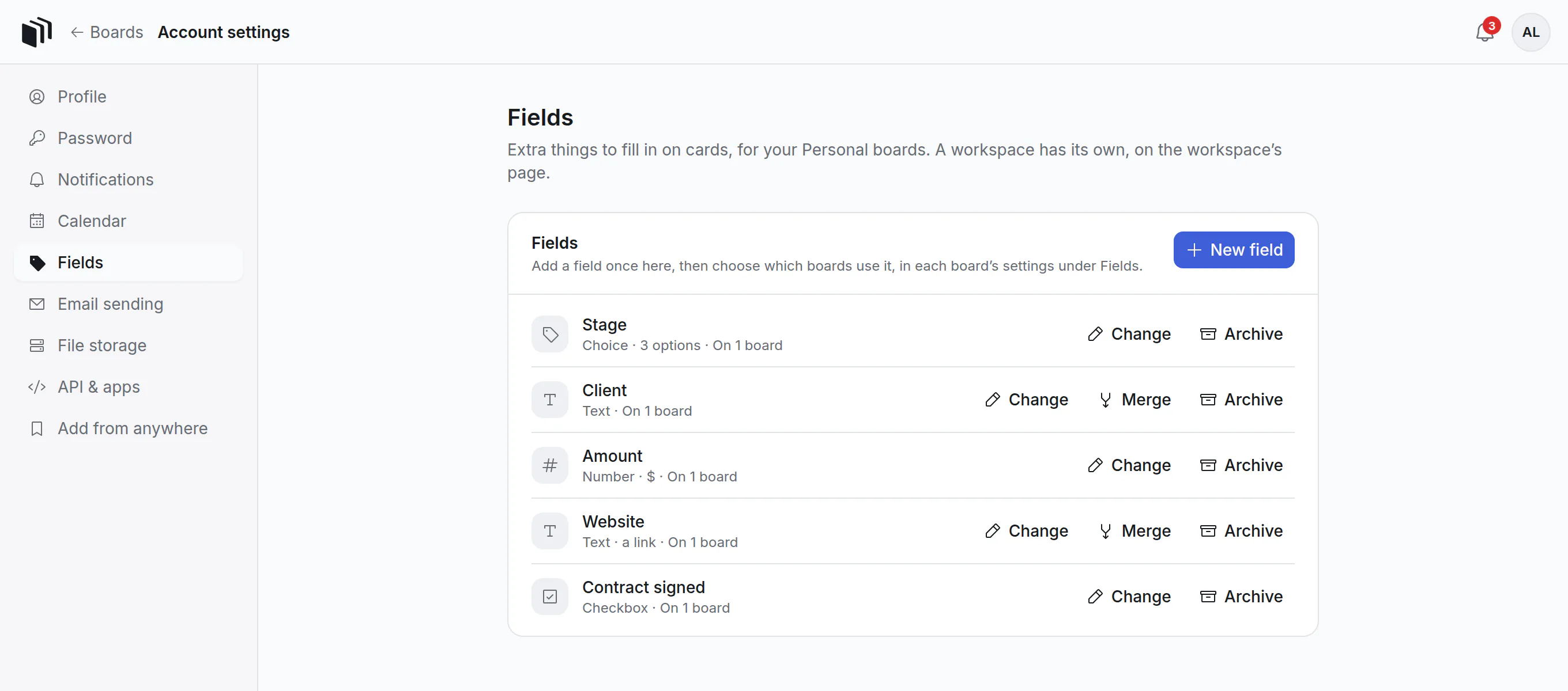 Your fields in Account settings