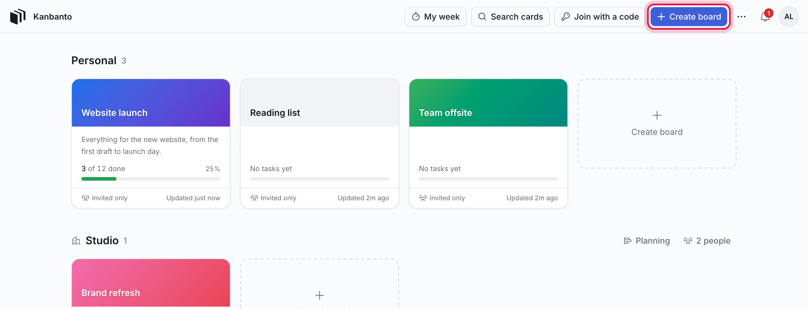 The boards page, with Create board ringed