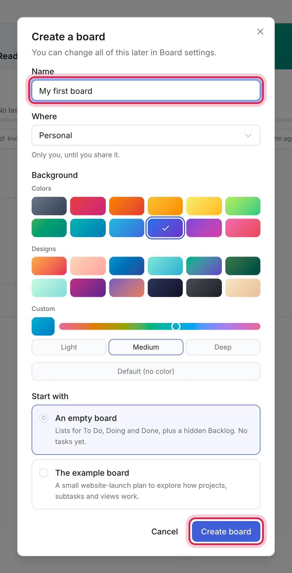 The Create a board dialog, with the name and the Create board button ringed