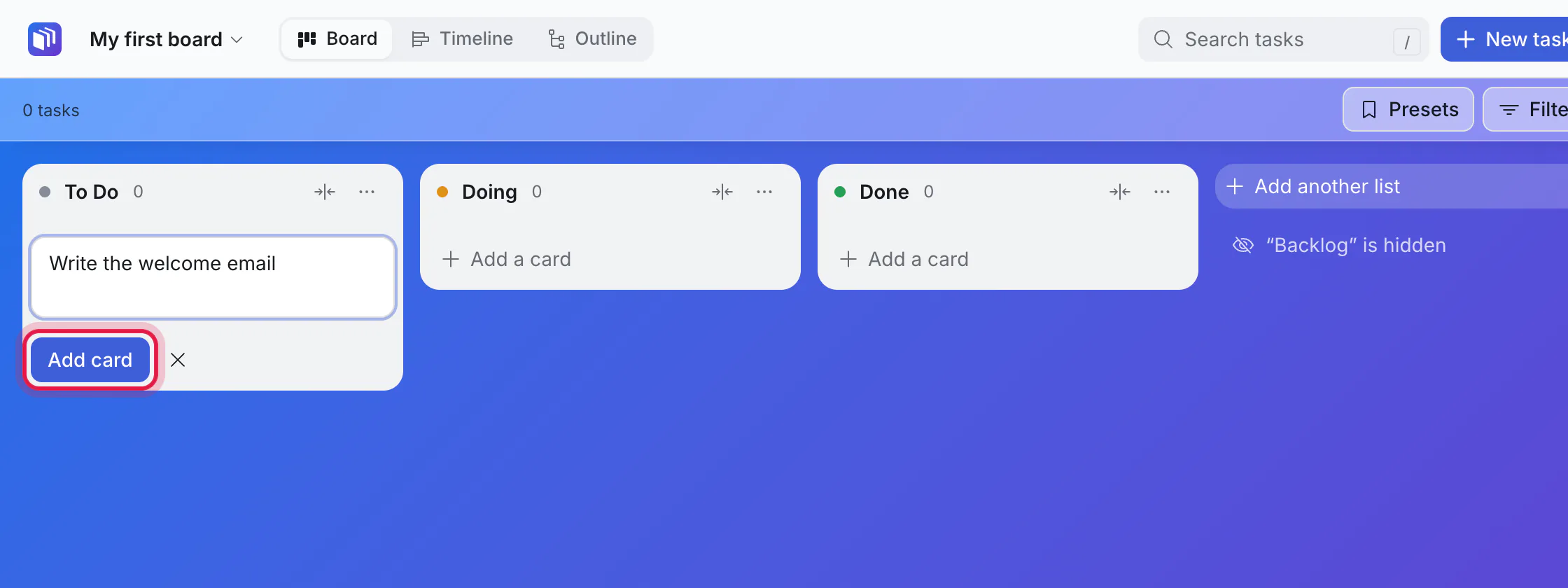 A card's title being typed