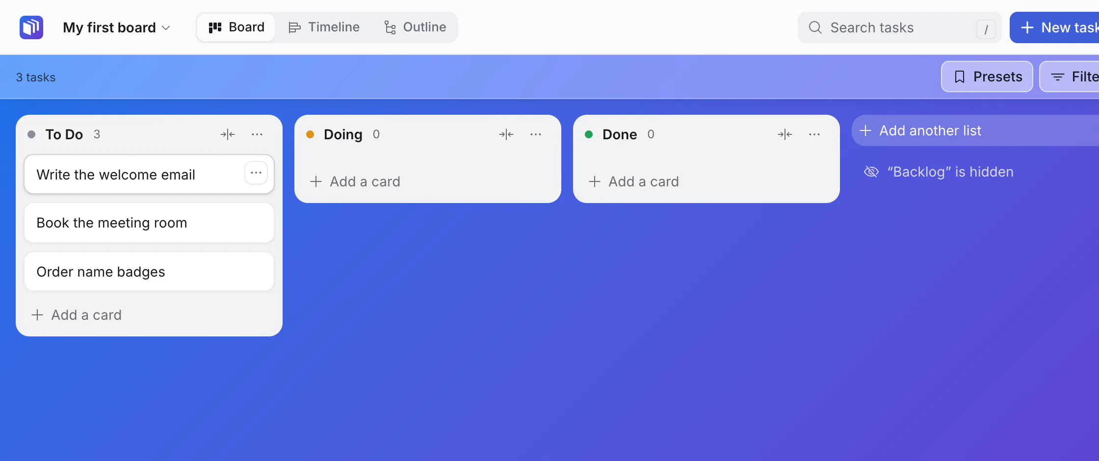 Three cards in To Do