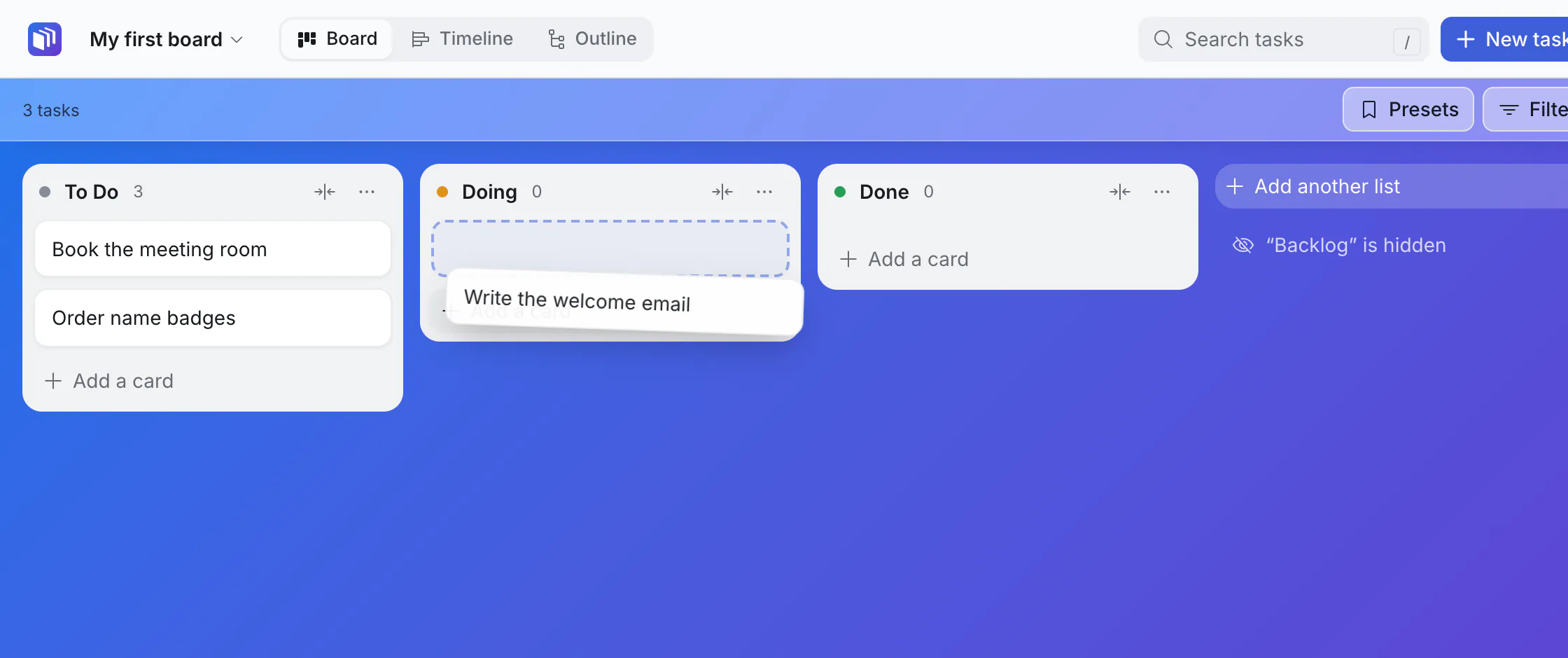 A card being dragged from To Do to Doing