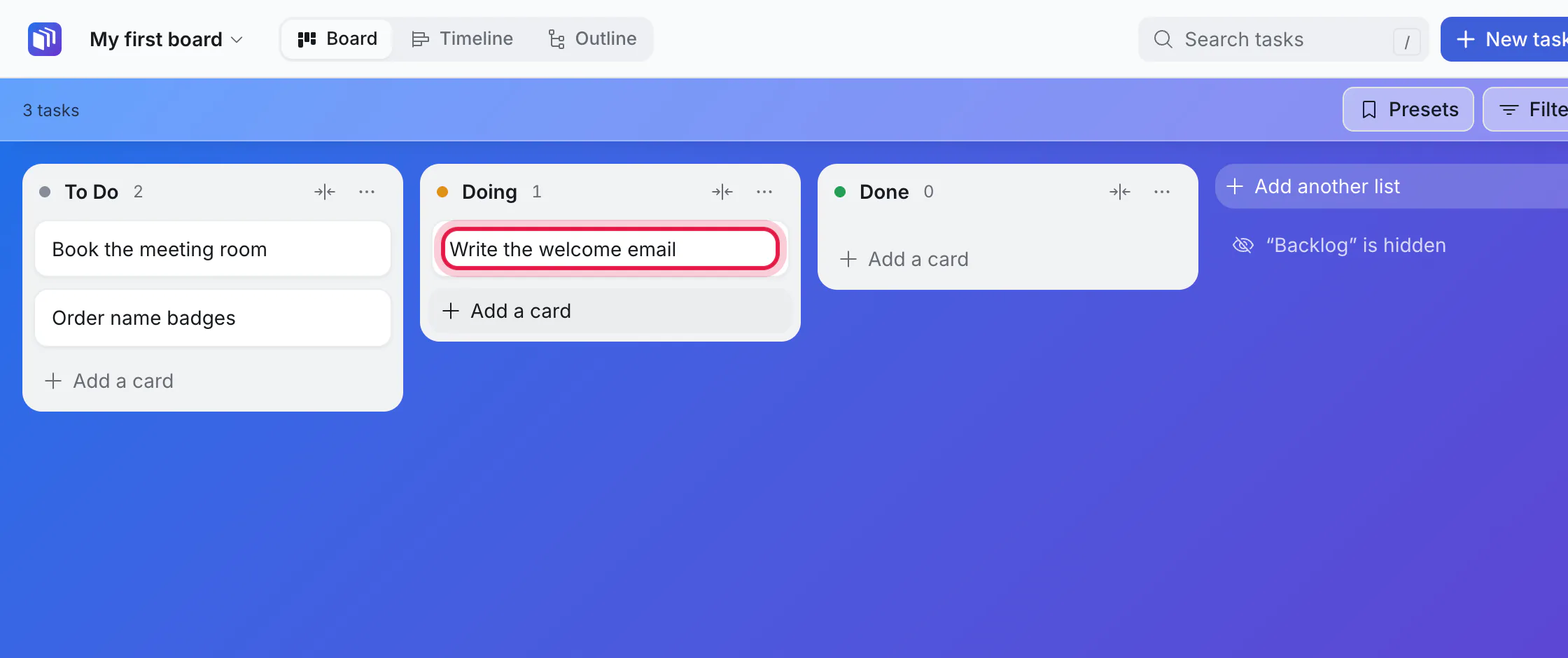 The card, now in Doing