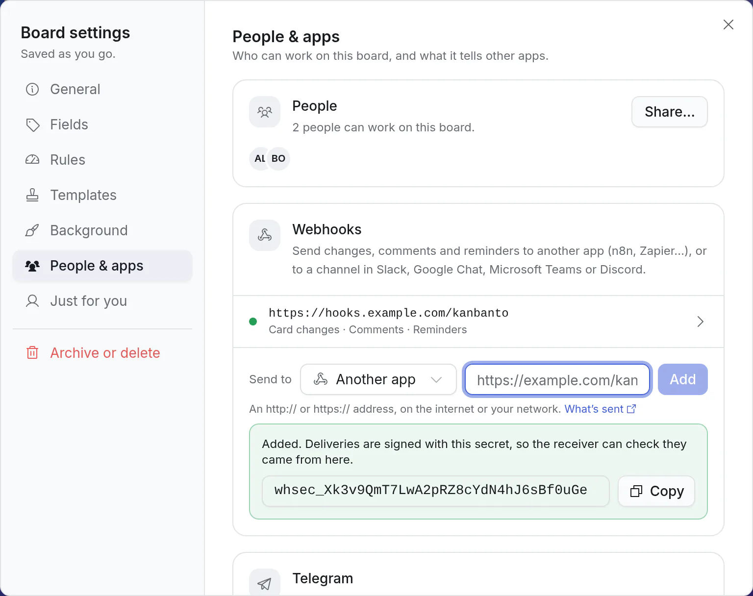 Board settings, People & apps: a webhook just added, with its signing secret