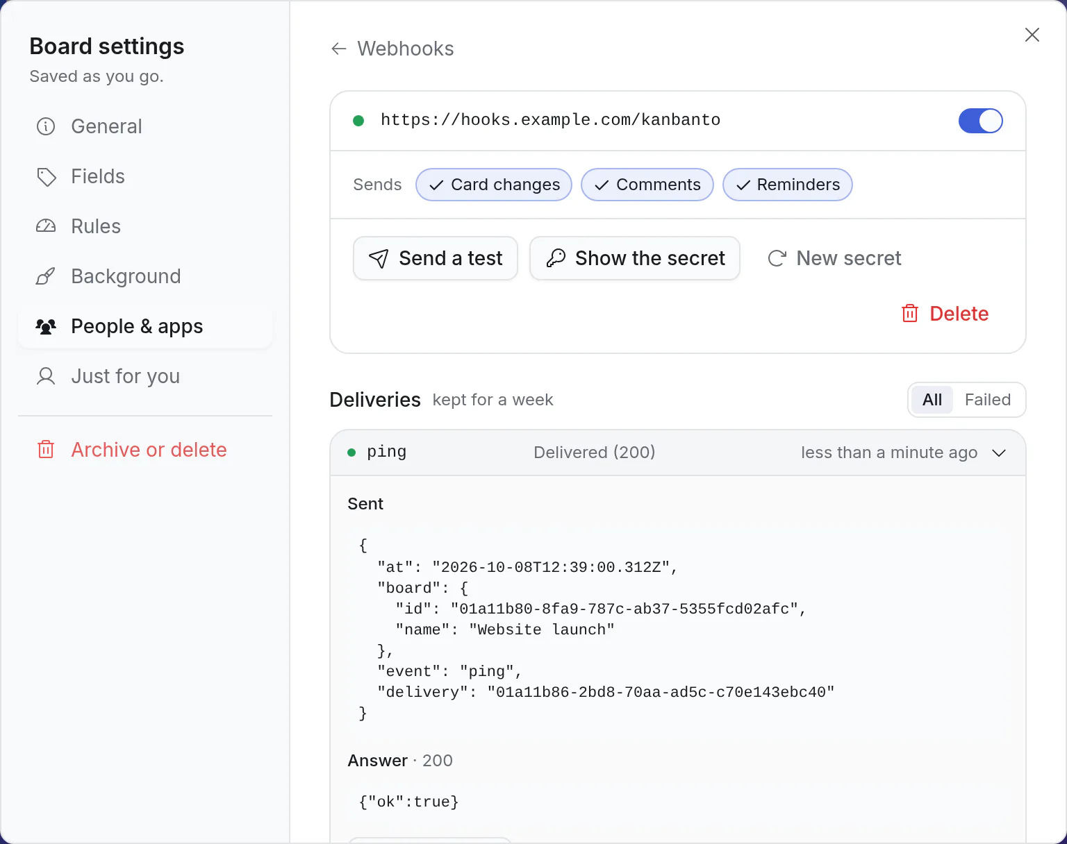 One webhook: what it sends, a test, the secret, and its deliveries