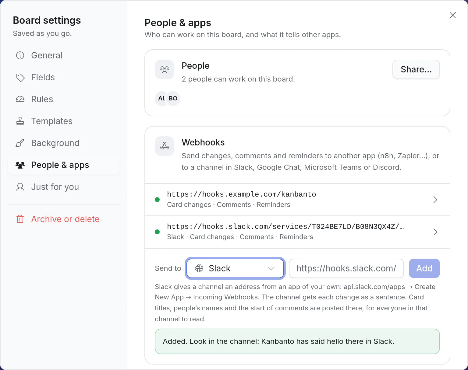 Board settings, People & apps: Slack chosen in "Send to", with where Slack gives out the address