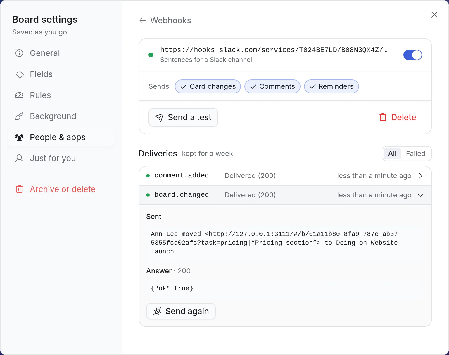 A webhook to Slack: its switches and the messages it sent
