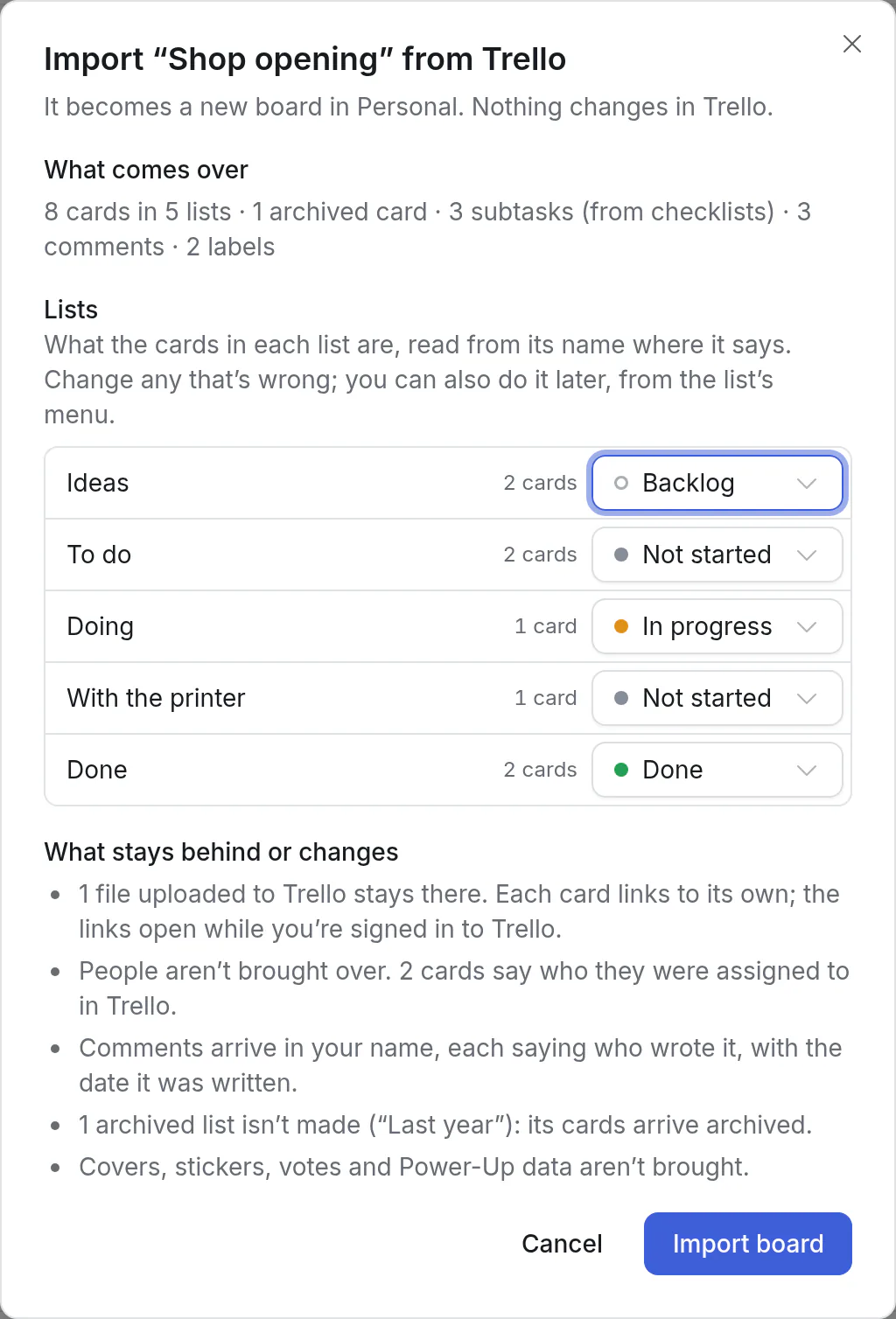 Importing a Trello board: what comes over, what each list counts as, and what stays behind