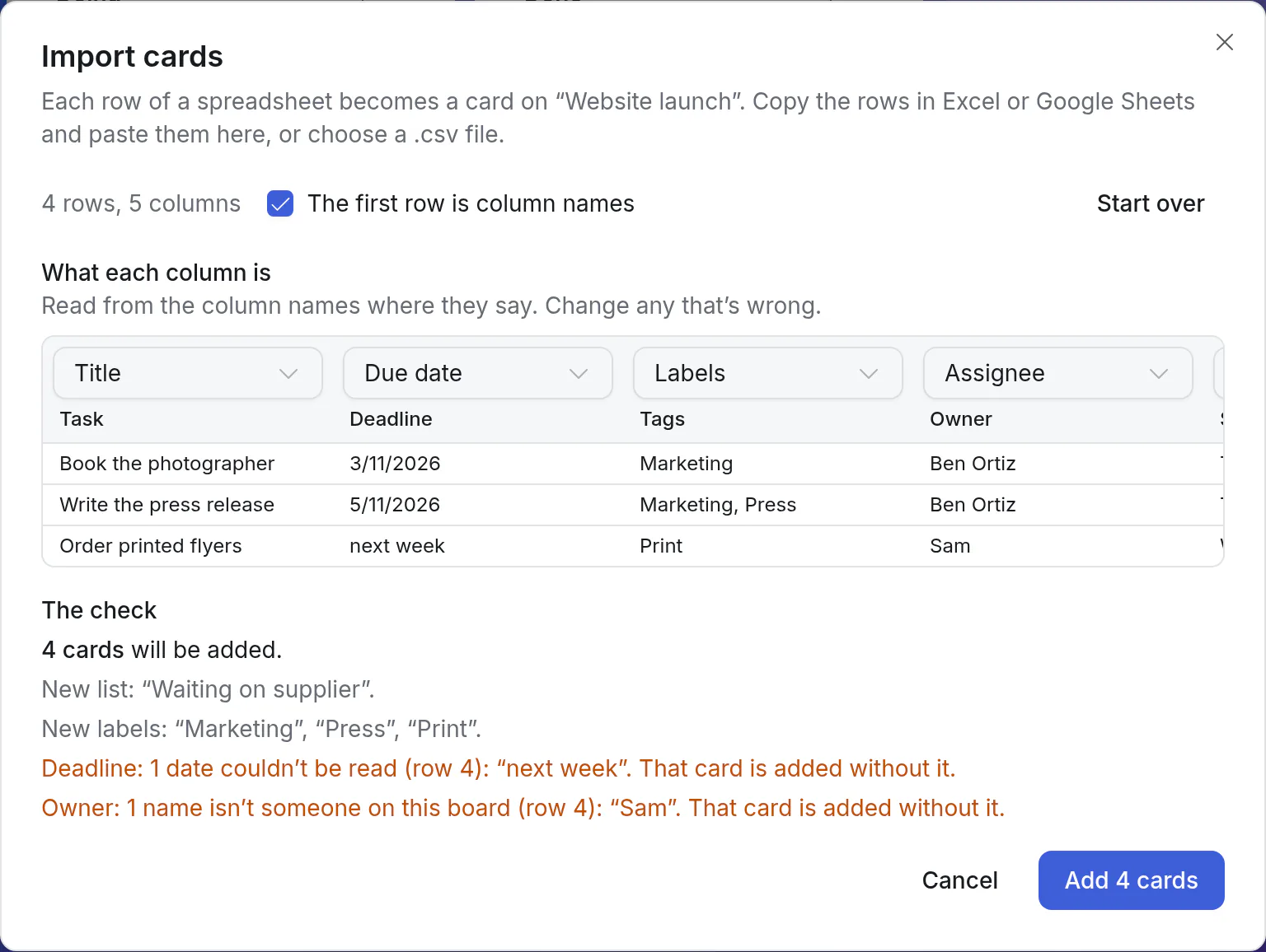 Import cards: what each column is, and the check before adding