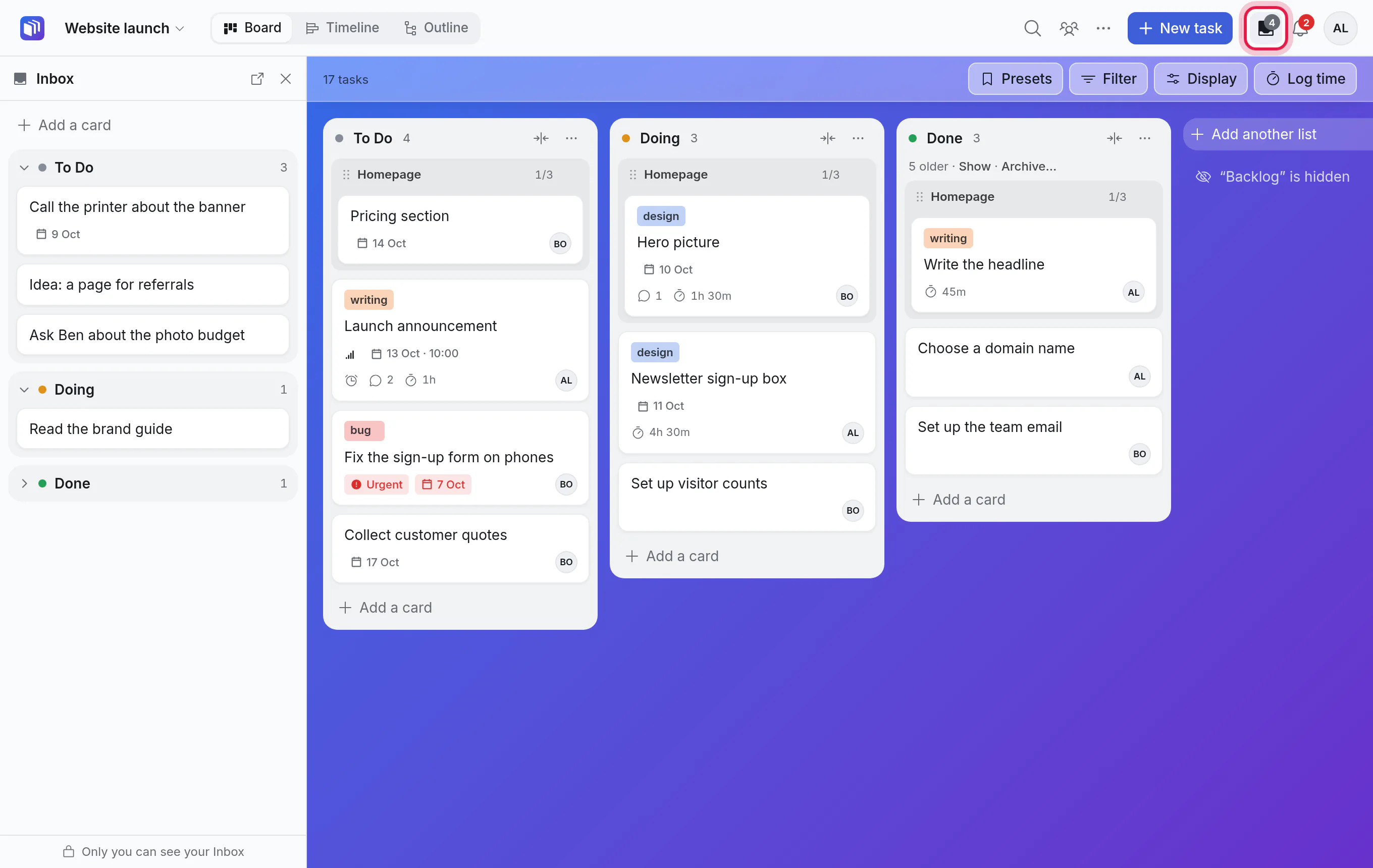 The Inbox open beside a board
