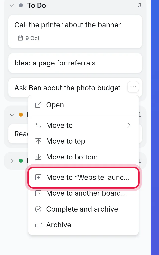 An Inbox card's menu