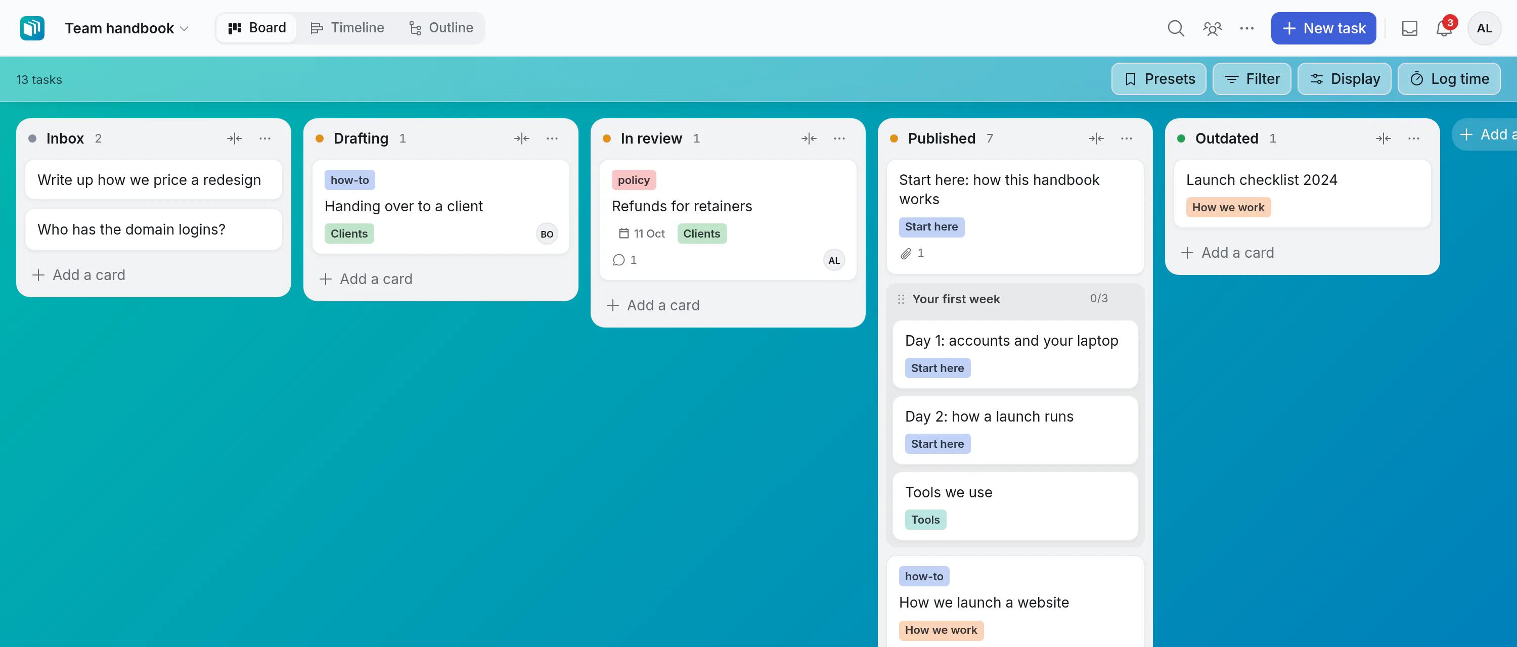 A handbook kept on a board: articles as cards, in lists from Inbox to Outdated