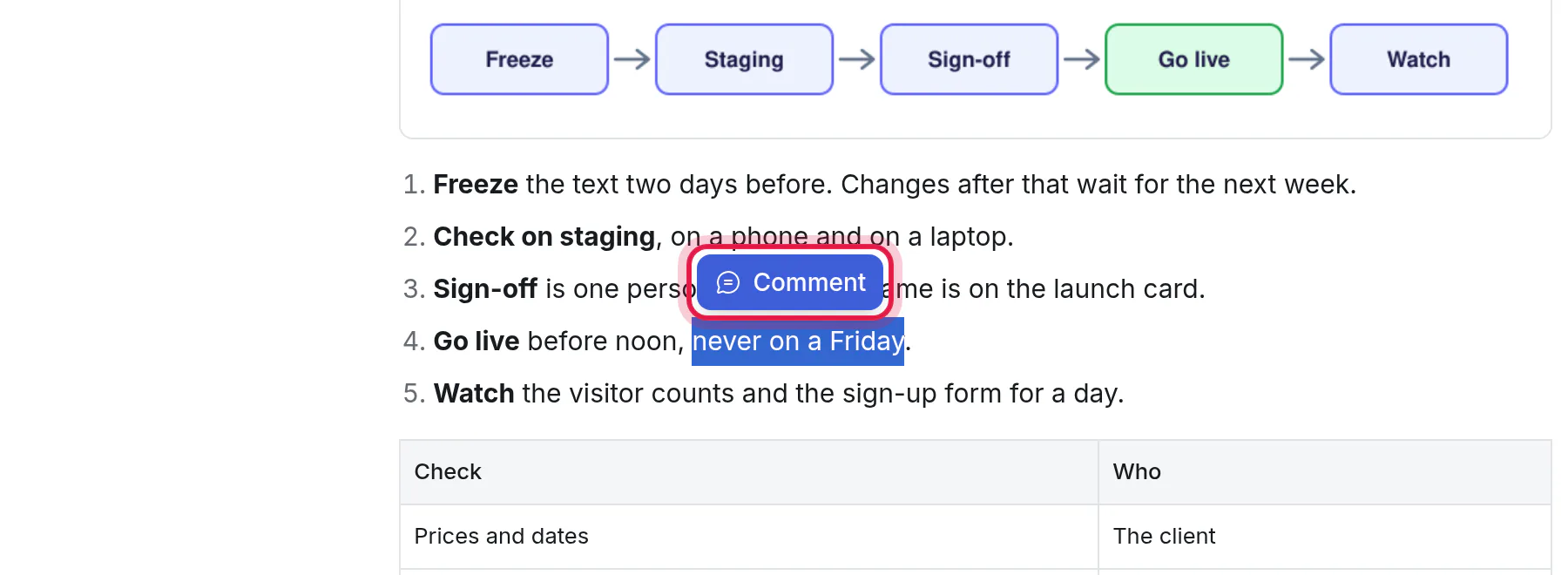 Words selected in an article, with the Comment button by them