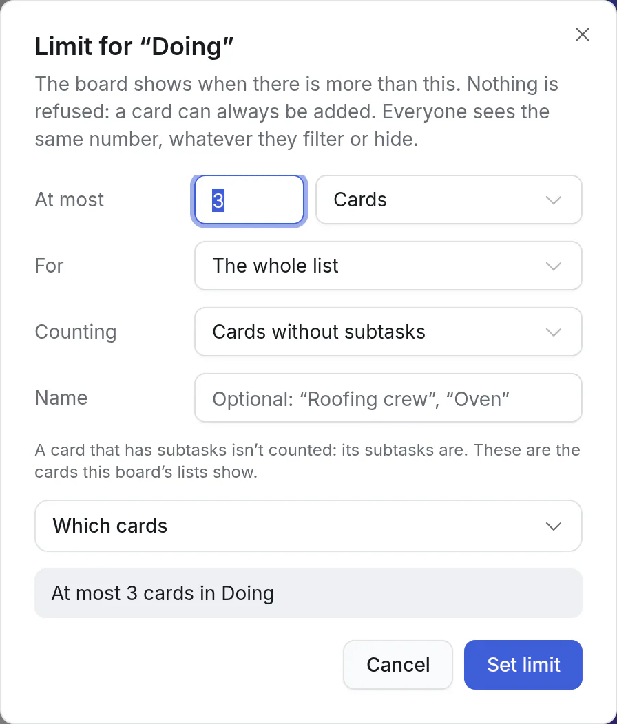 The limit for a list: at most 3 cards in Doing