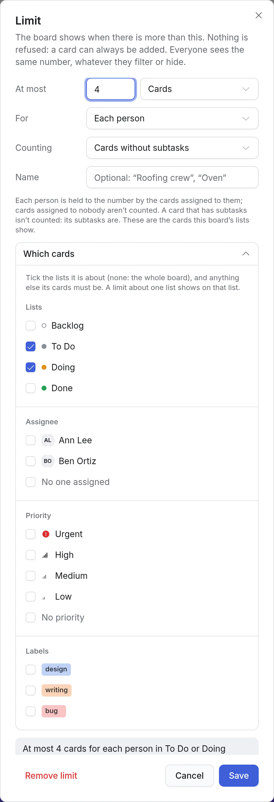 A limit for each person, about two lists: Which cards is open