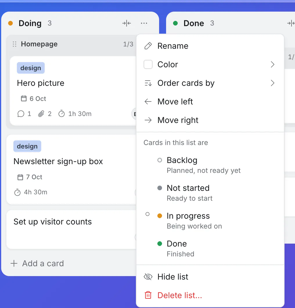 A list's menu