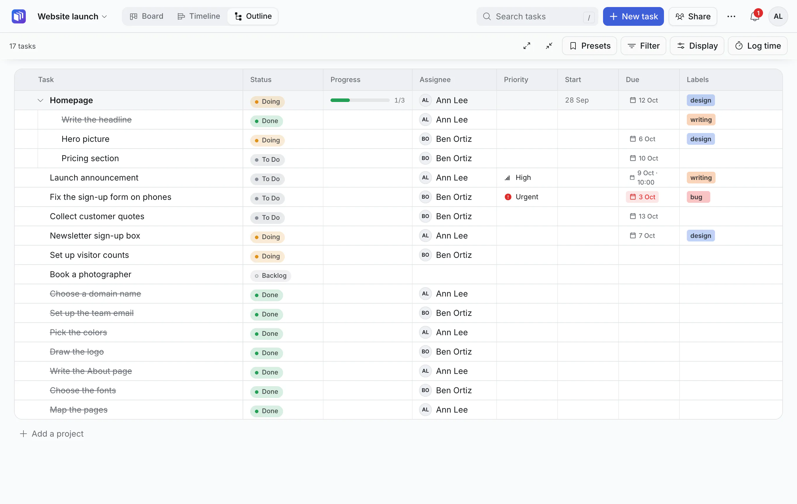 The Outline view, showing tasks nested under their parents