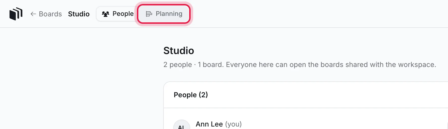 A workspace, with the Planning tab ringed