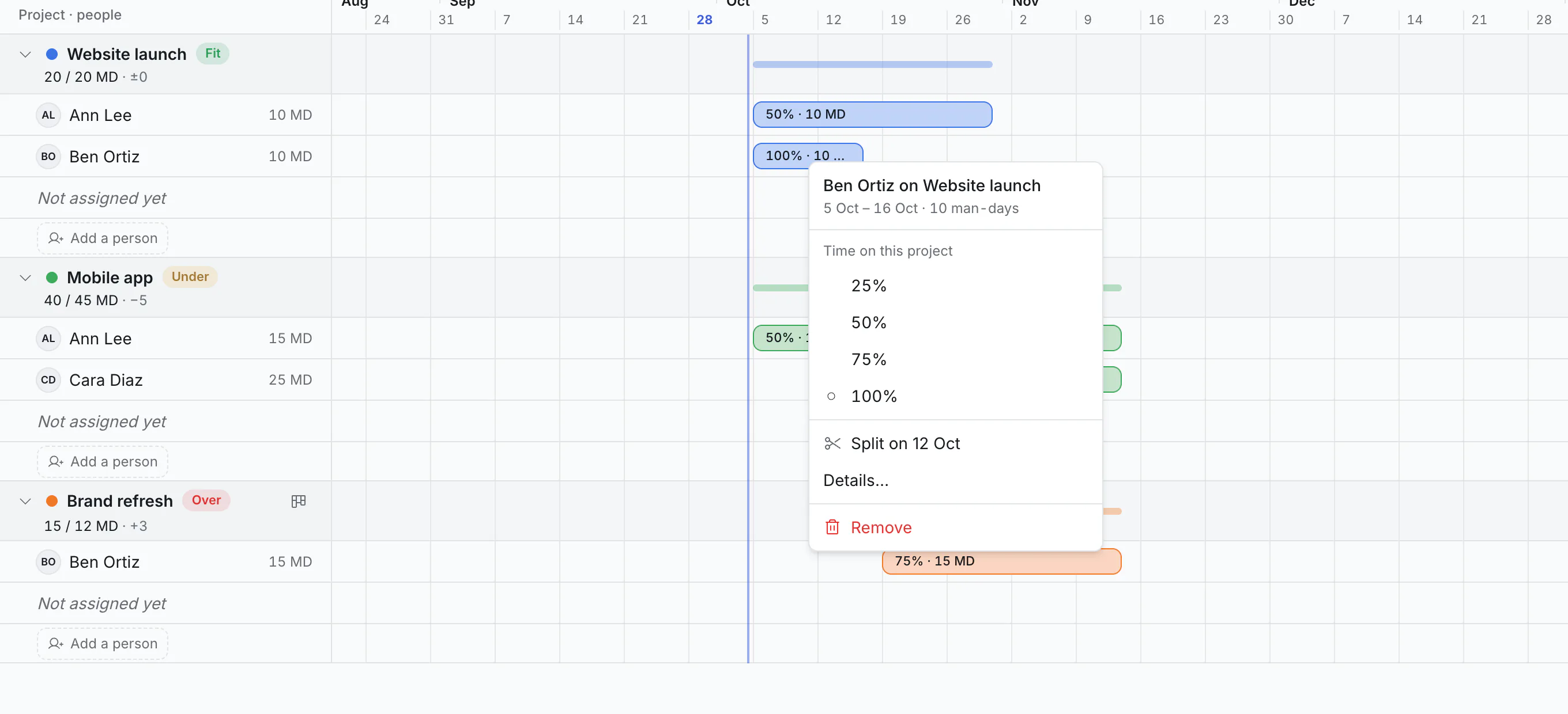 A bar's menu: the share of the person's time, Split, Details and Remove