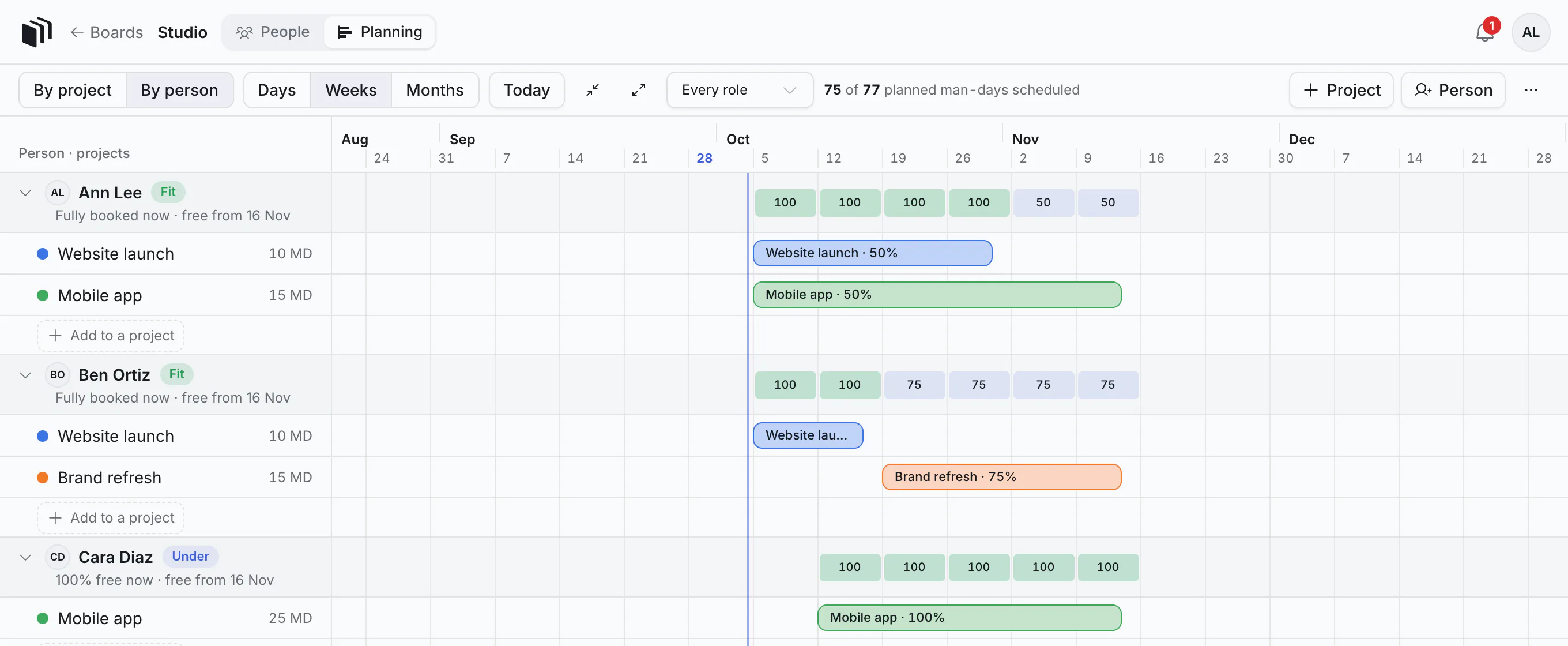 The plan by person: each person's projects, and when they are free