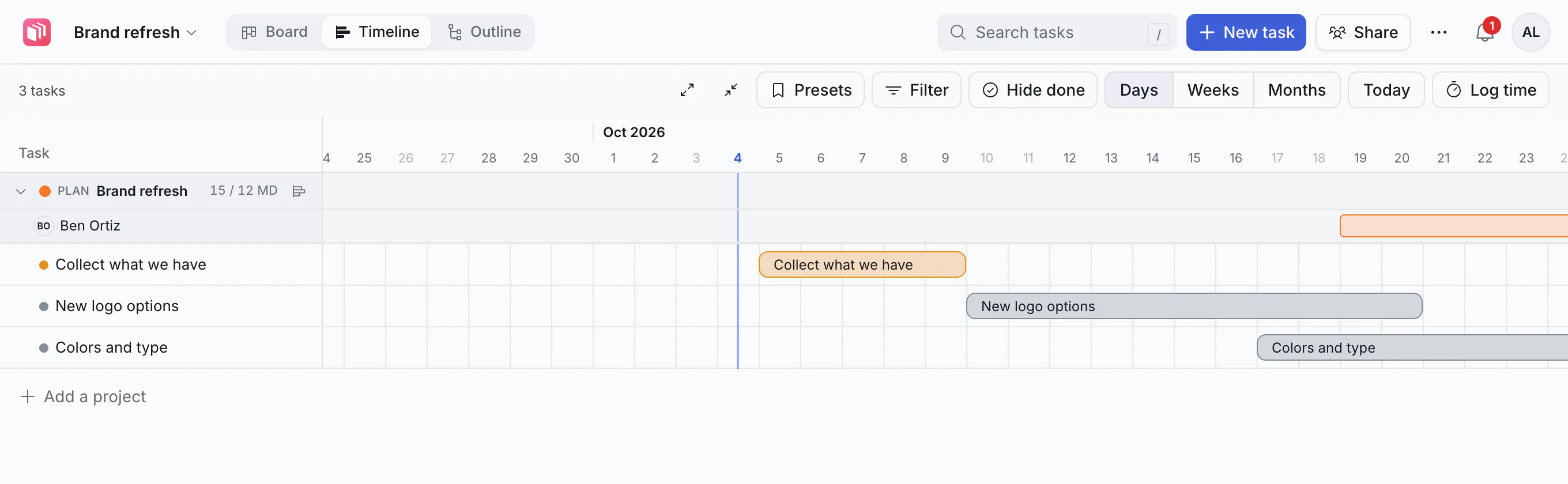 The Brand refresh board's Timeline, with the plan's booking of Ben shown above its tasks