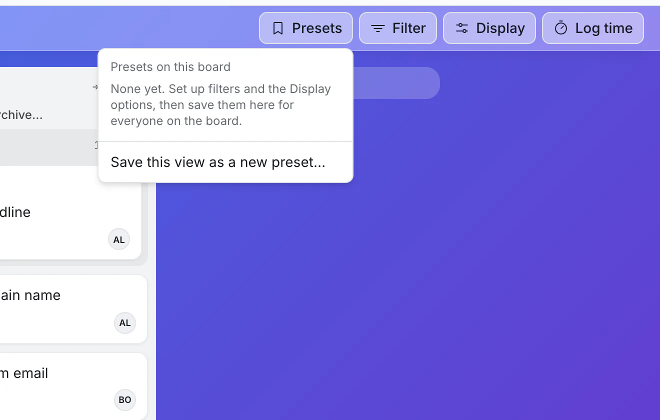 The Presets menu