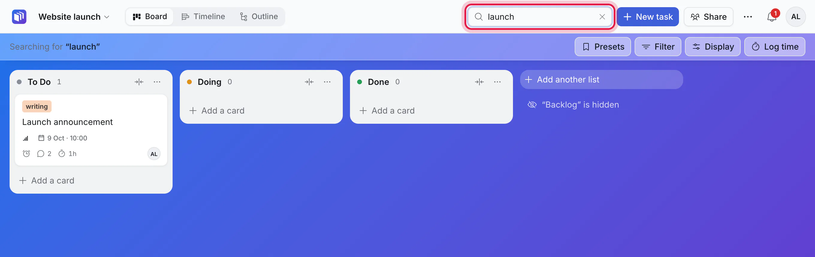 Searching a board for "launch"