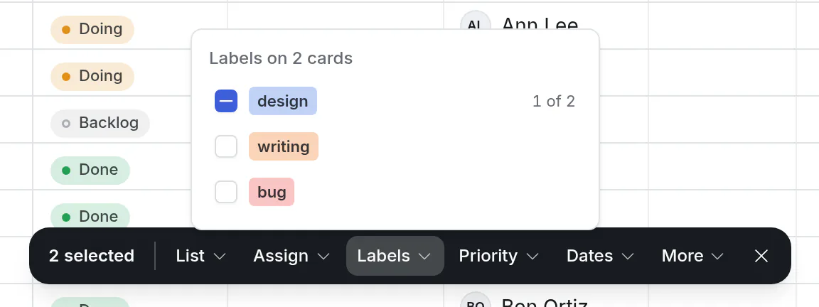 The Labels menu for two cards: a dash beside a label only one of them has