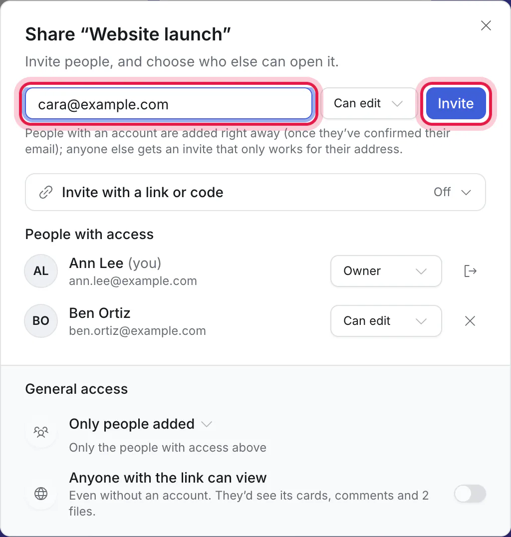The Share dialog, with the email box and Invite ringed