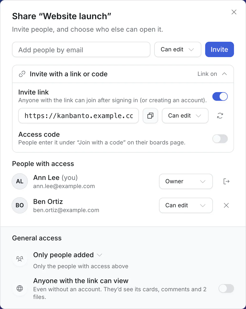 The Share dialog with the invite link turned on