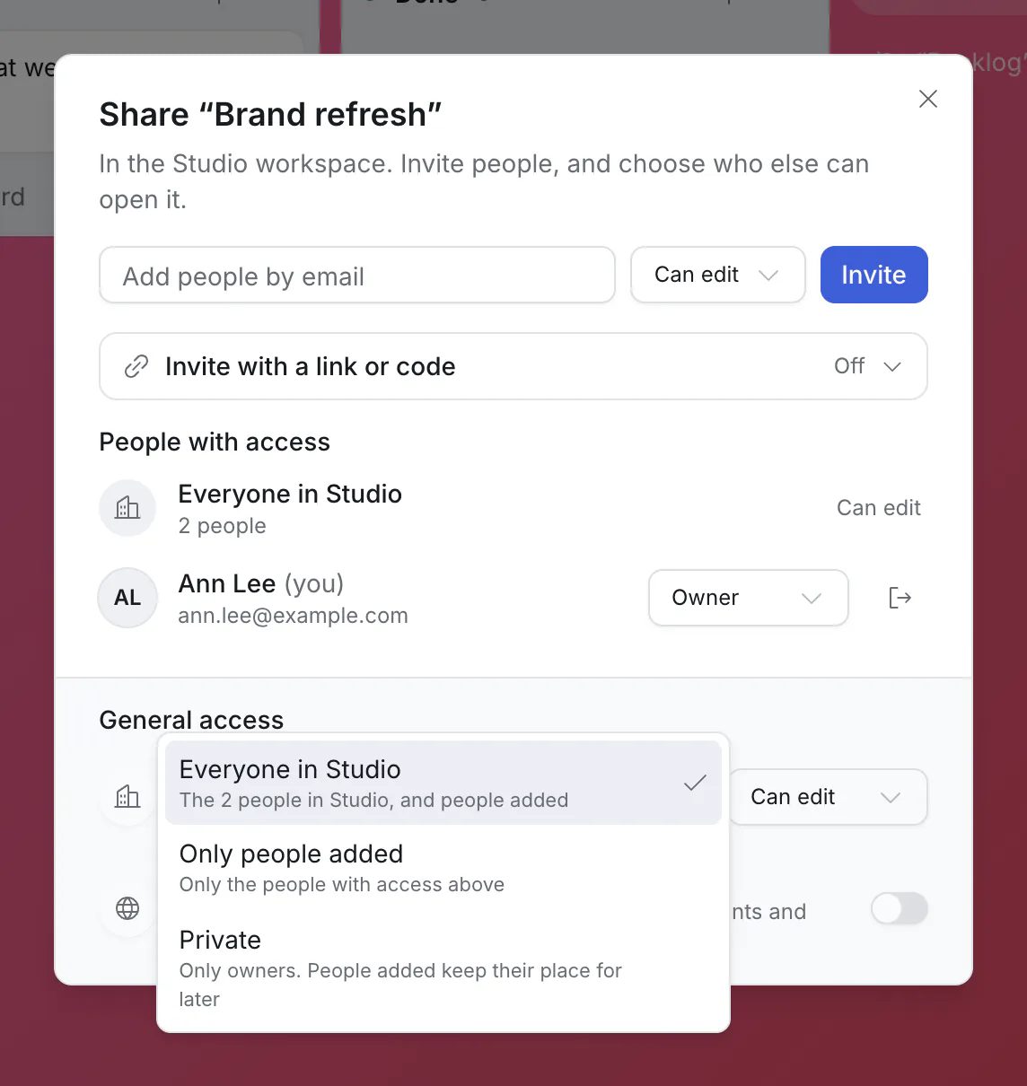 Share on a workspace board, with the General access choices