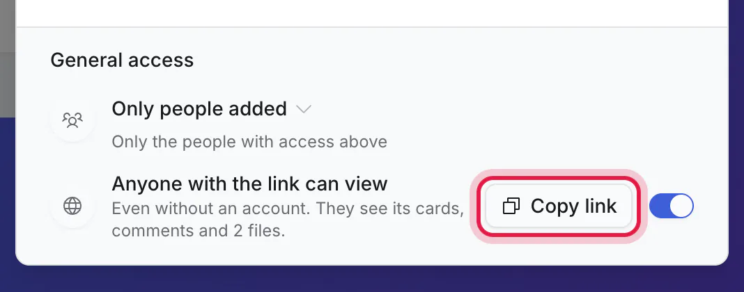 General access, with "Anyone with the link can view" on and Copy link ringed