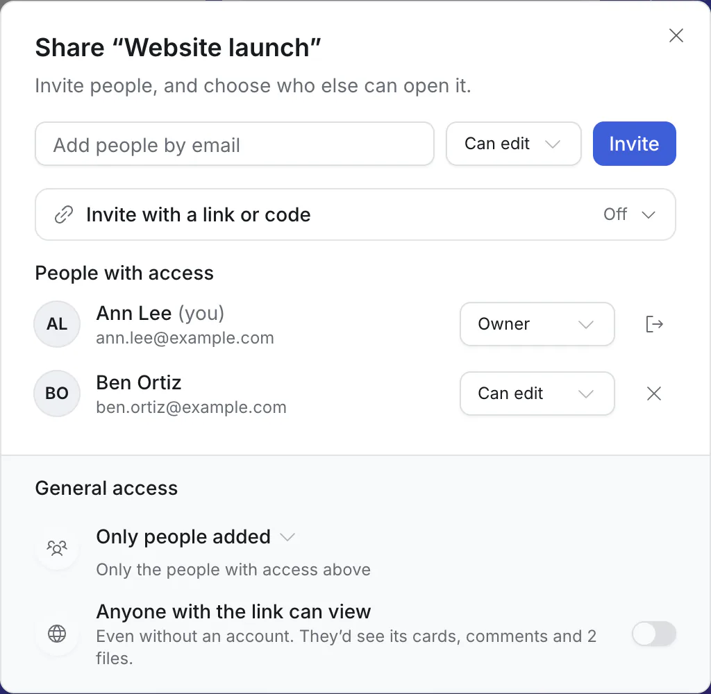 The Share dialog, listing the people with access