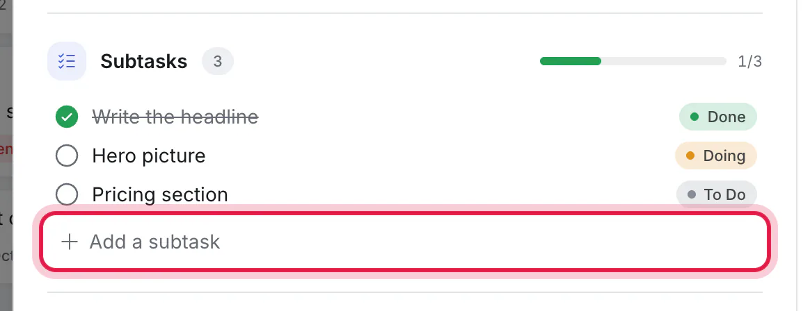 A card's subtasks, with Add a subtask ringed