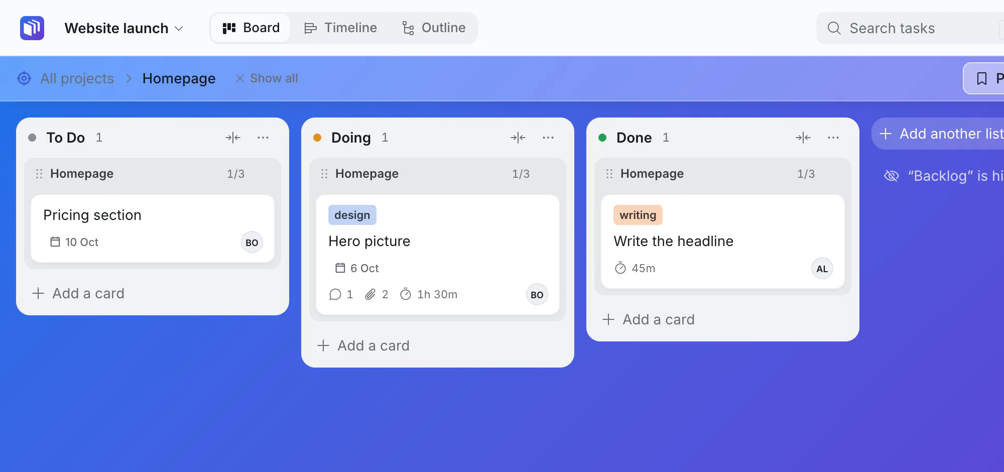 A board showing only Homepage's subtasks