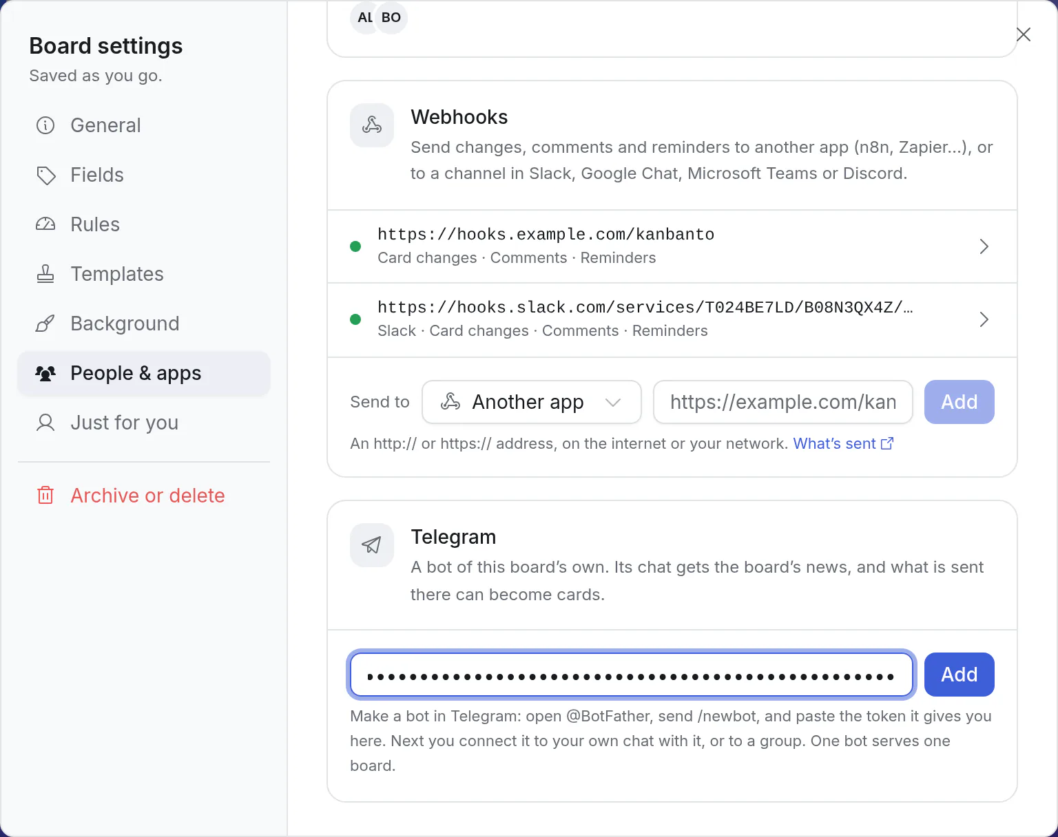 Board settings, People & apps: the Telegram box, with a bot's token pasted